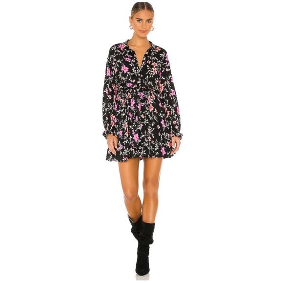 Free People Lighten Up Floral Long Sleeve Collared Black Pink Mini Dress Medium - Picture 2 of 10